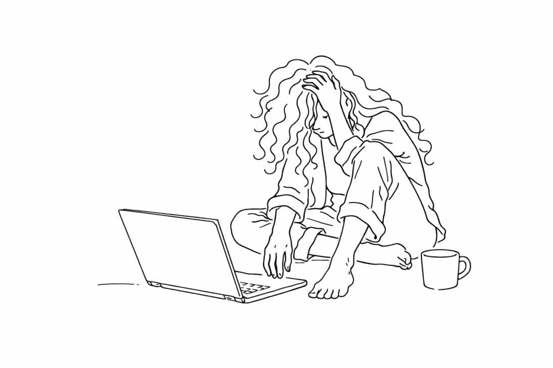 ノートパソコンの前で頭を抱える女性のモノトーン線画