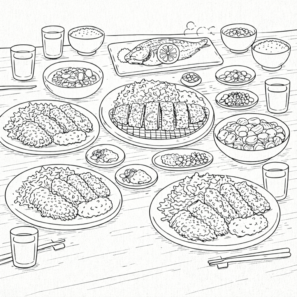 とんかつや焼き魚など料理が並ぶ家族の食卓の線画