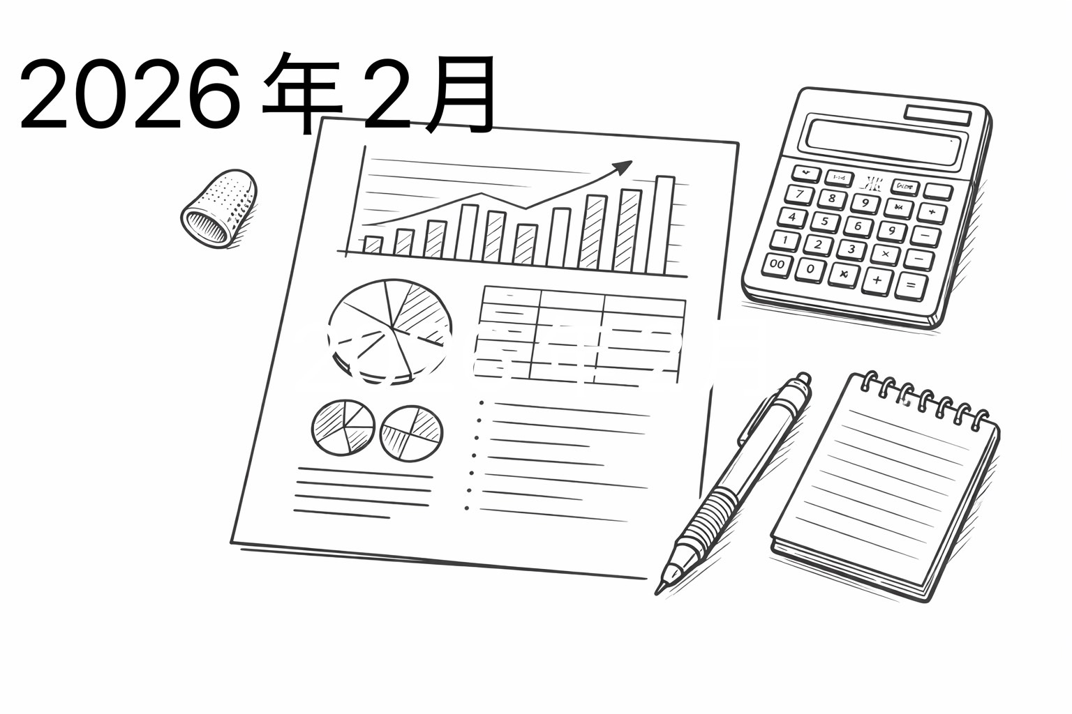 ２０２６年２月電卓とメモ帳、サマリーシートの線画