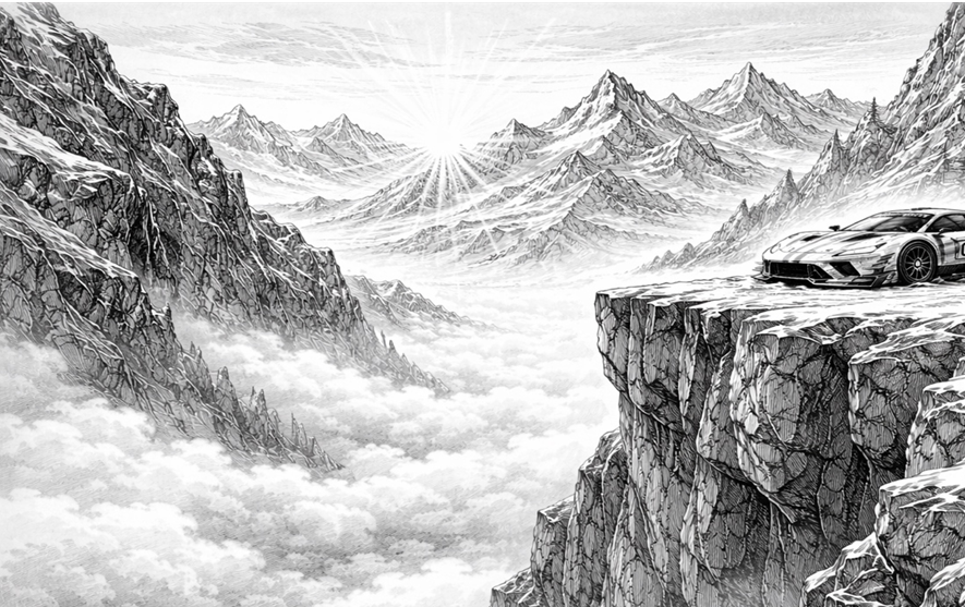 雪山とレーシングカーの線画