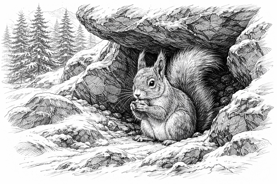 岩陰のリスの線画