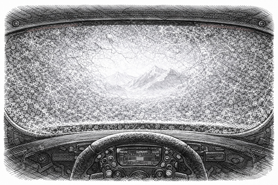 凍るレーシングカーの車内からのフロントガラスの線画