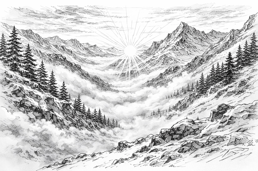 雪山の山脈のモノトーン線画