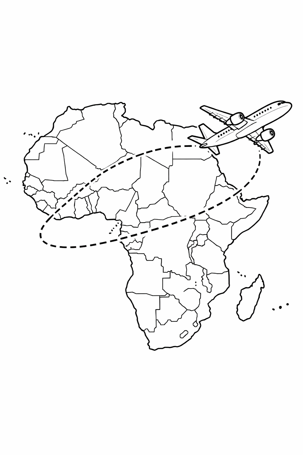 アフリカ大陸と飛行機の航路を描いた線画