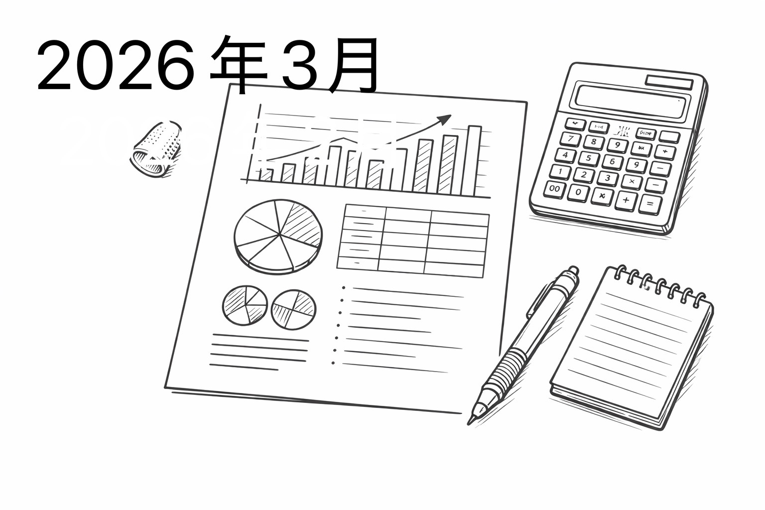 2026年3月電卓とメモ帳、サマリーシートの線画