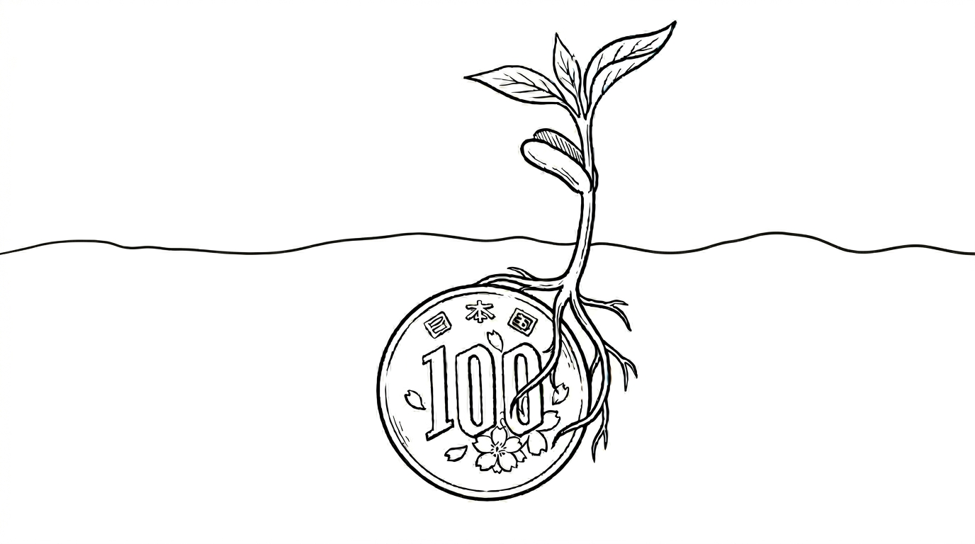 地中の100円から芽が出ている